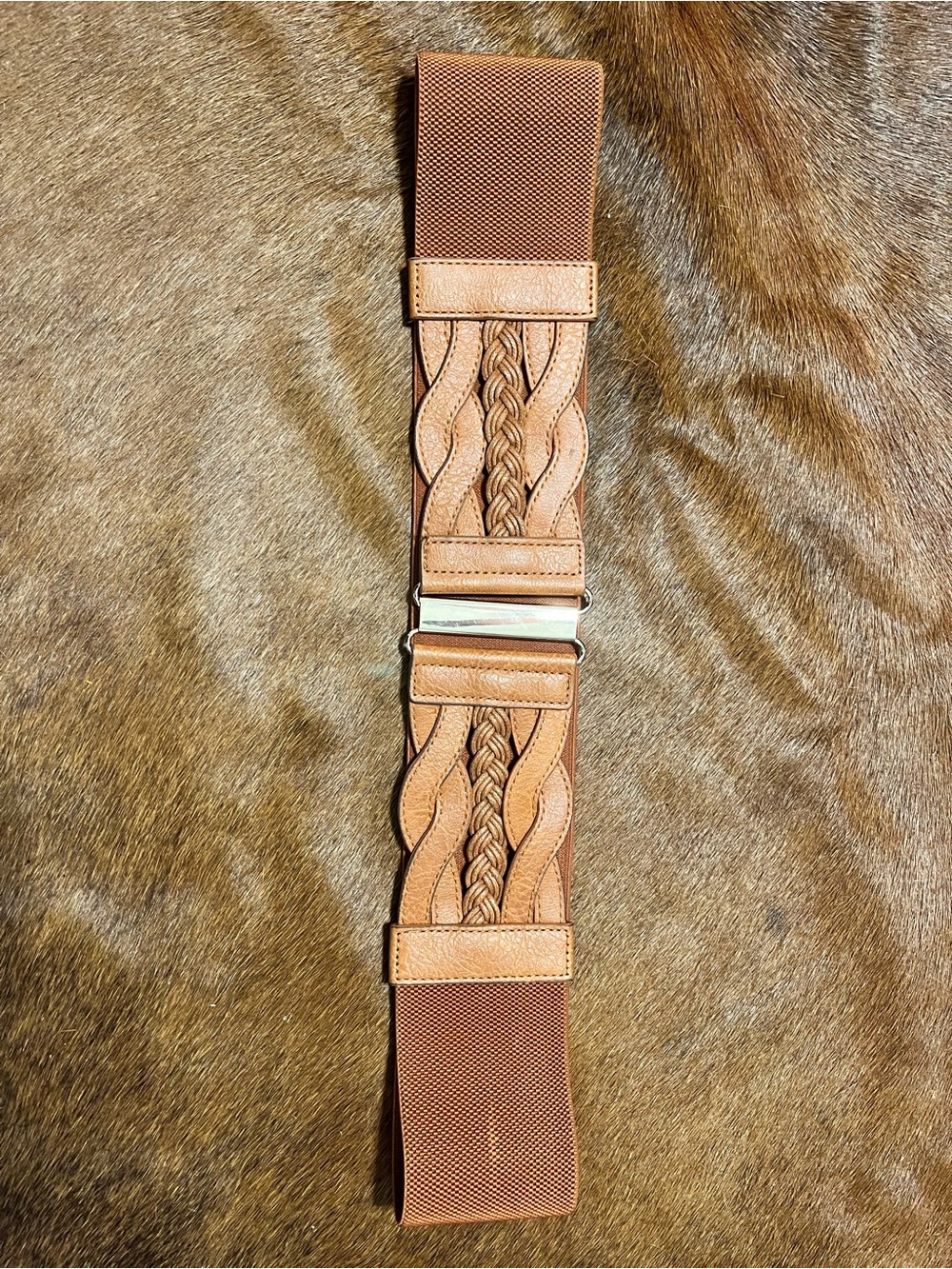 Braided Caramel Colored Elastic Waist Belt